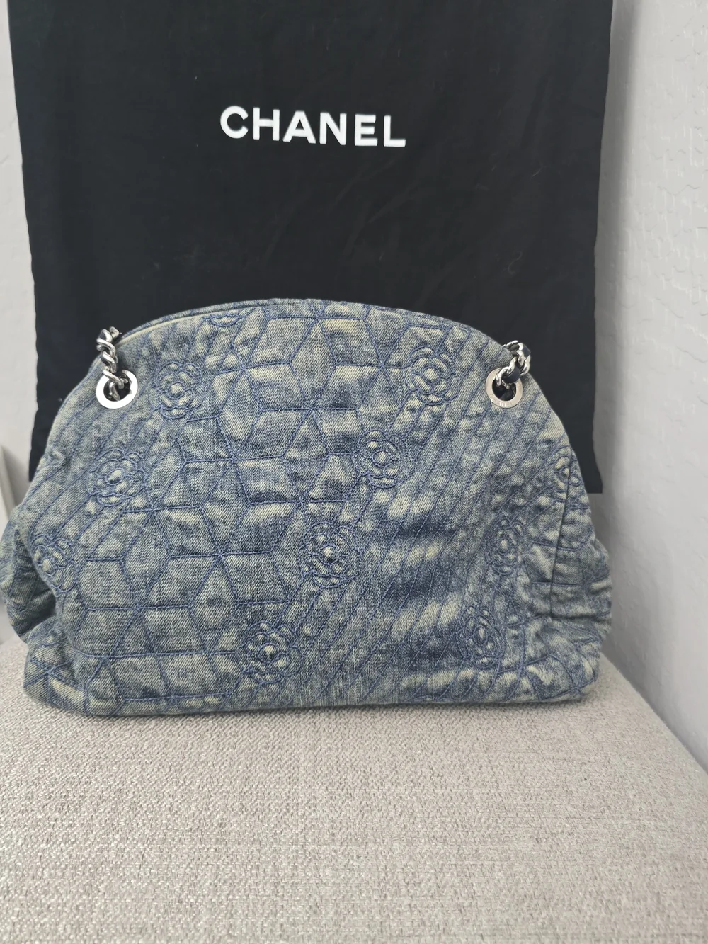 AUTHENTIC Chanel Blue Denim Camellia Just Mademoiselle Bowler Bag
